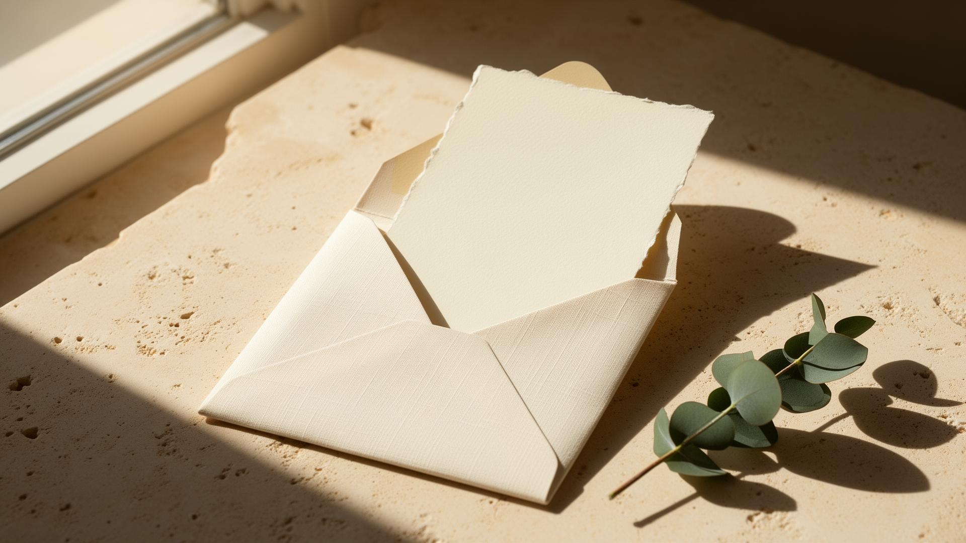 An ivory letter card emerging from a linen envelope on warm stone
